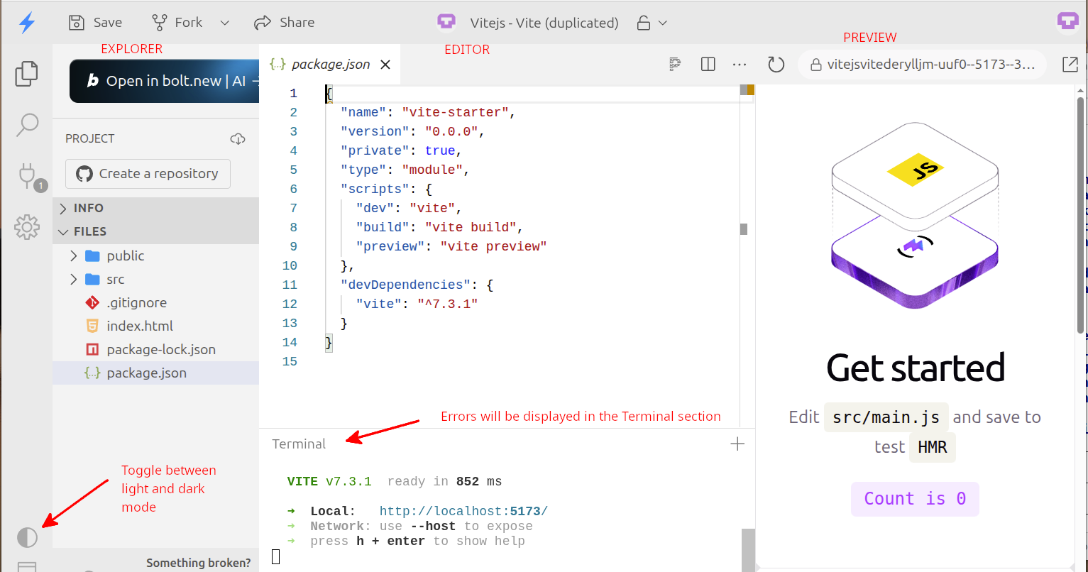 stackblitz panel view