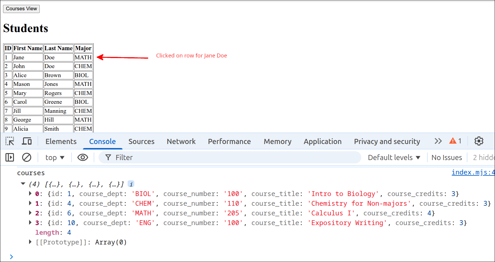 courses array for JaneDoe
