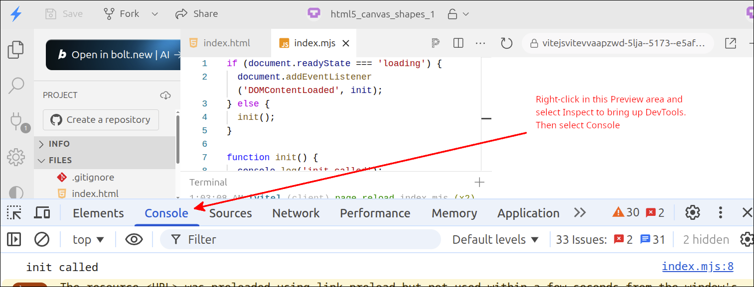 stackblitz initial view