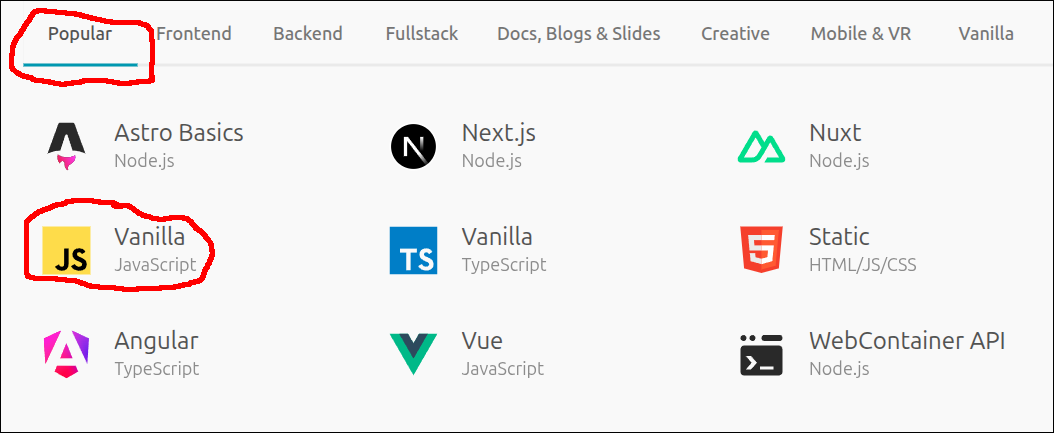 choose stackblitz template